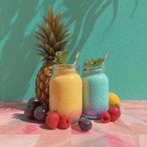 Two colorful smoothies in mason jars with pineapple, mango, strawberries, and plums, set against a teal background.