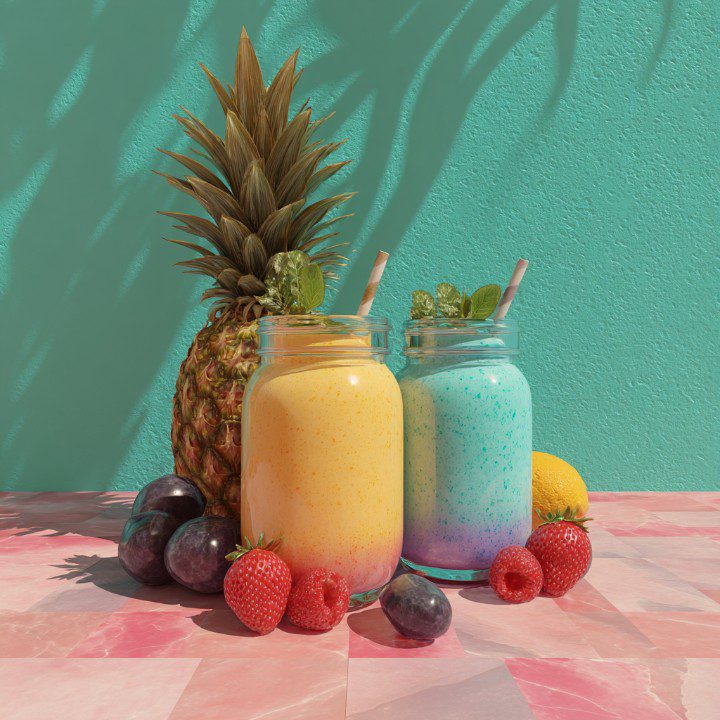 Two colorful smoothies in mason jars with pineapple, mango, strawberries, and plums, set against a teal background.