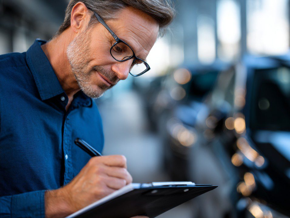 A professional man with glasses inspecting vehicles using a clipboard, suggesting trust, accuracy, and automotive service expertise.