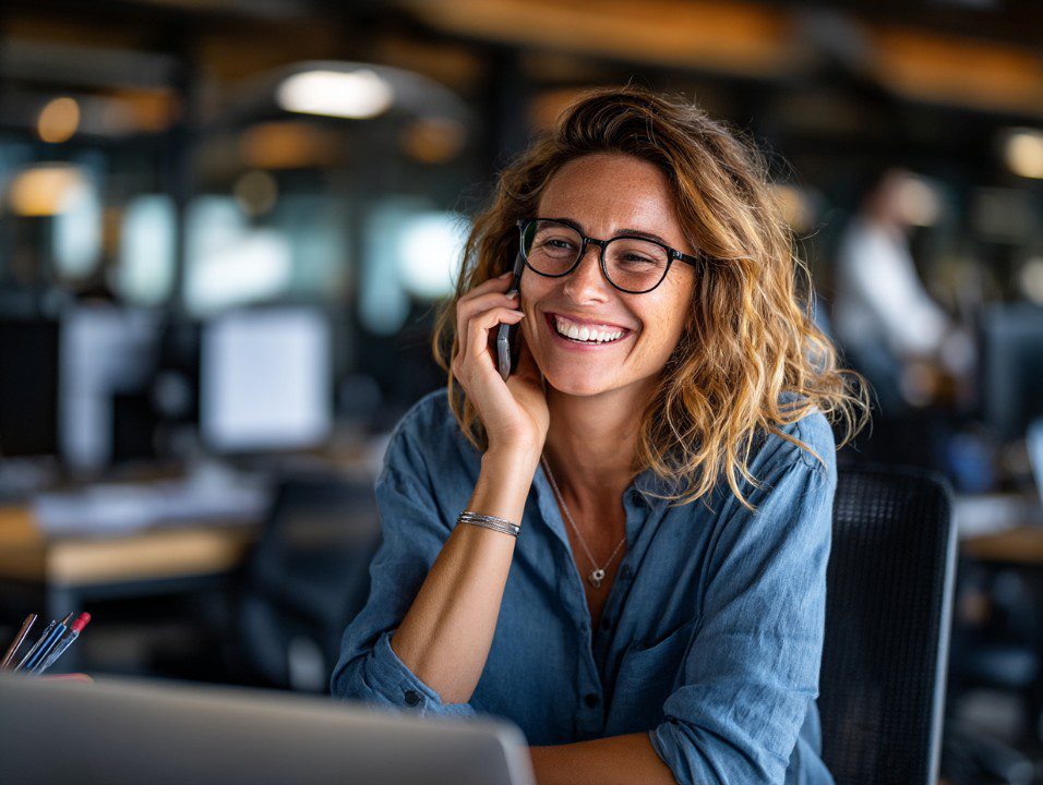 Smiling businesswoman wearing glasses talking on smartphone in a modern open office environment.