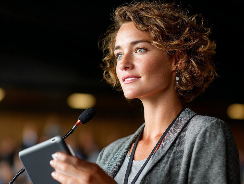 Confident woman speaking at a professional conference using a microphone and tablet, representing leadership and communication.