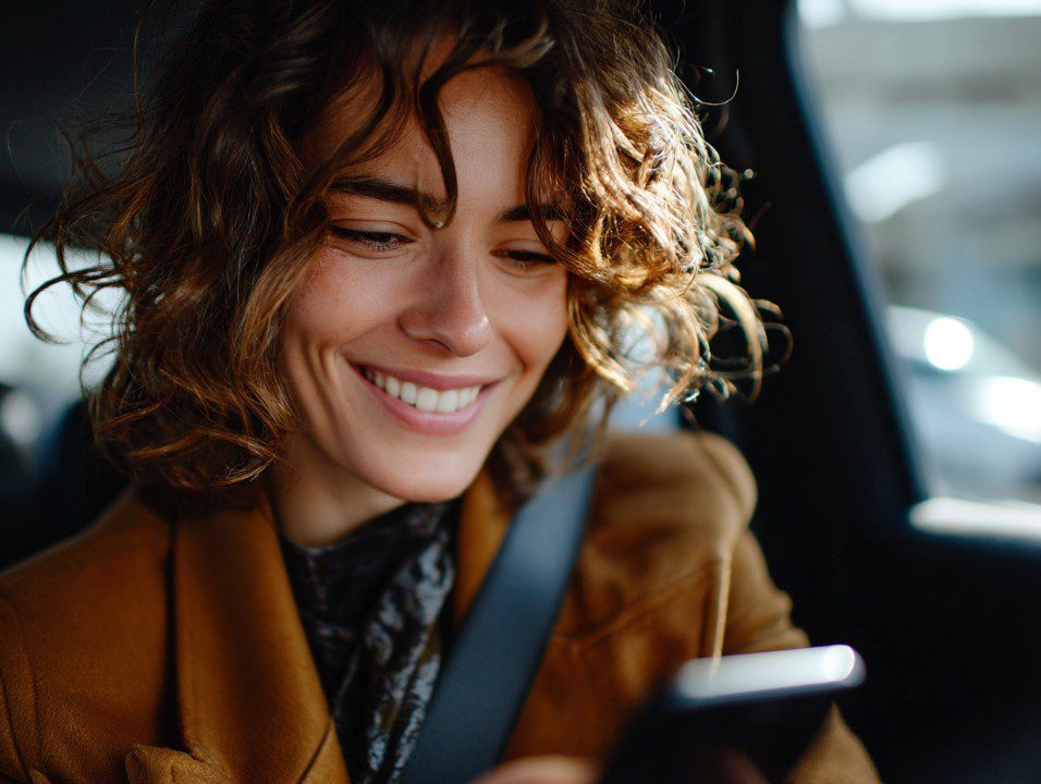 Smiling young woman looks at her smartphone while seated in a car, conveying mobile connectivity and digital lifestyle.