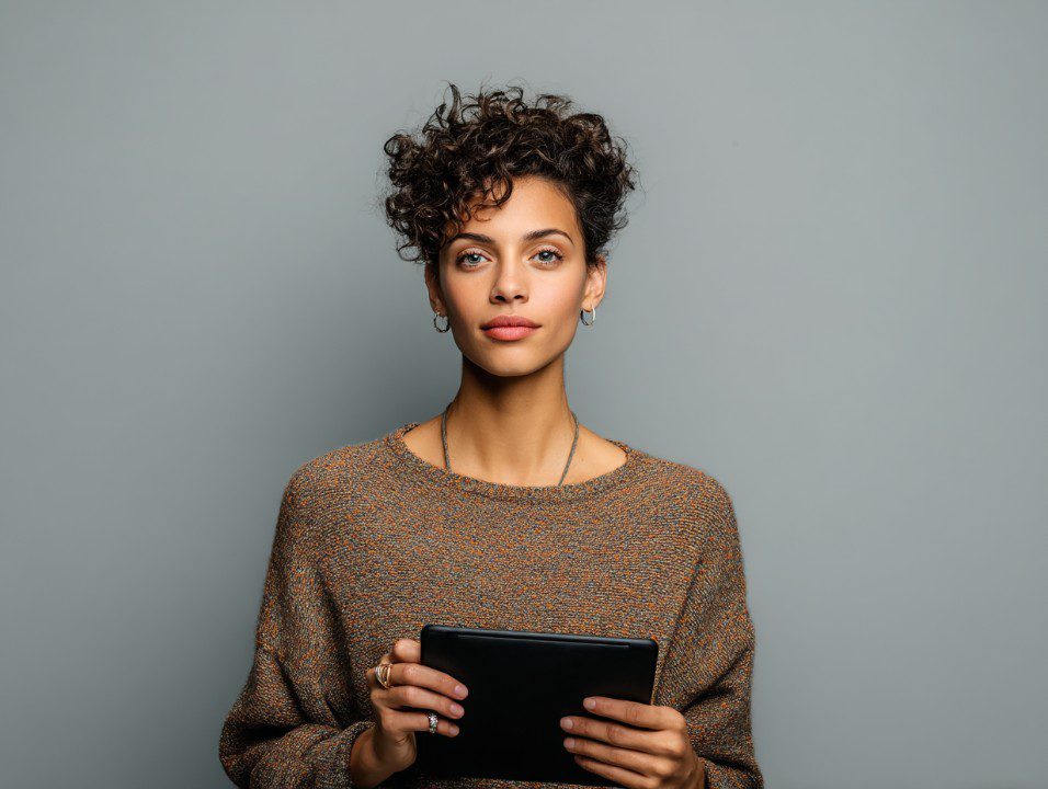 Confident young woman standing against a gray background, holding a tablet and looking directly at the camera.