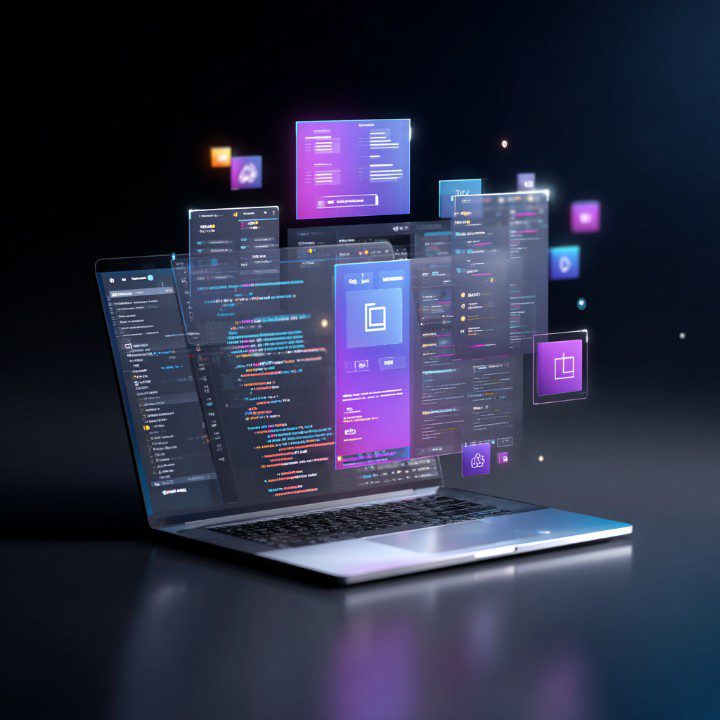 Realistic 3D illustration of a laptop turned to the right with floating software interface panels and code snippets in blue and purple tones.