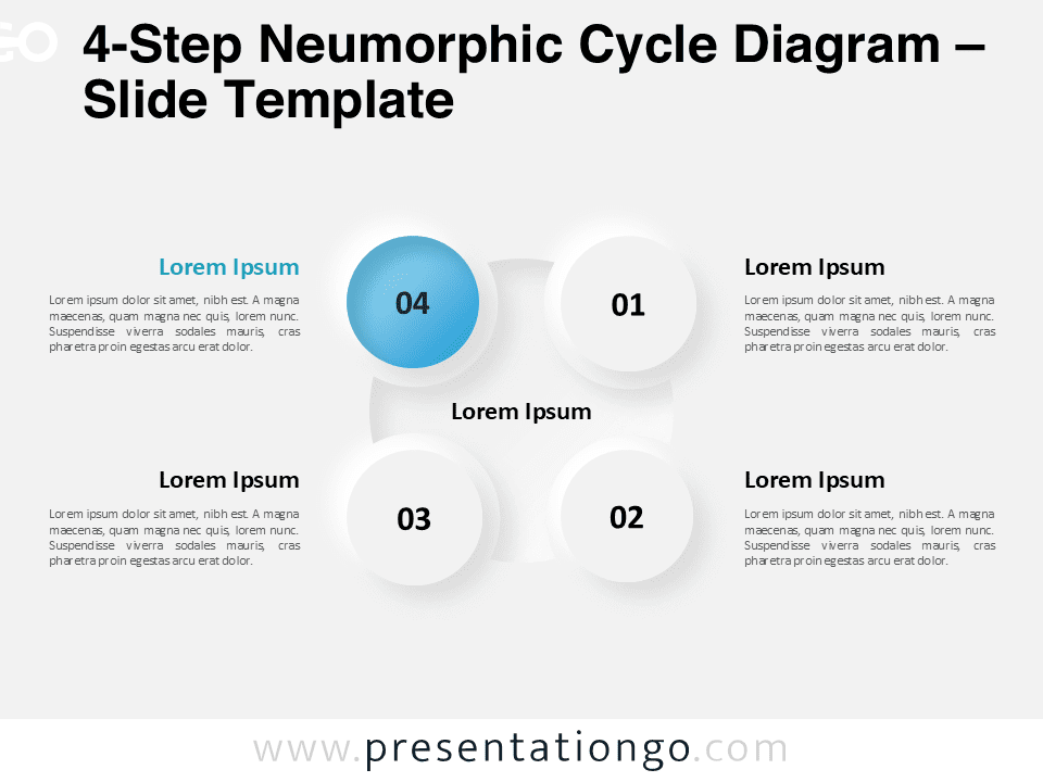 4-step Neumorphic Cycle Diagram with four circular nodes around a central hub, designed for PowerPoint presentations.