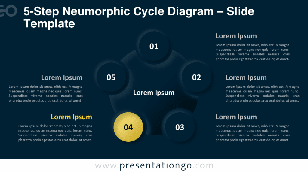 Editable 5-step neumorphic cycle diagram with radial nodes for PowerPoint on a dark background, designed for modern slide designs.