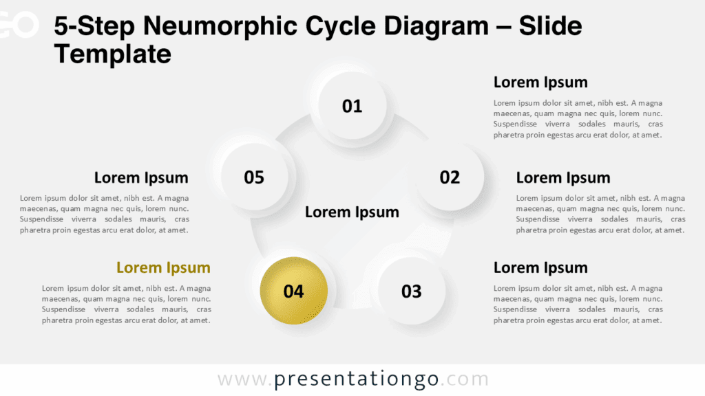 Widescreen PowerPoint and Google Slides diagram with 5 circular neumorphic steps on a light background, ideal for process presentations.
