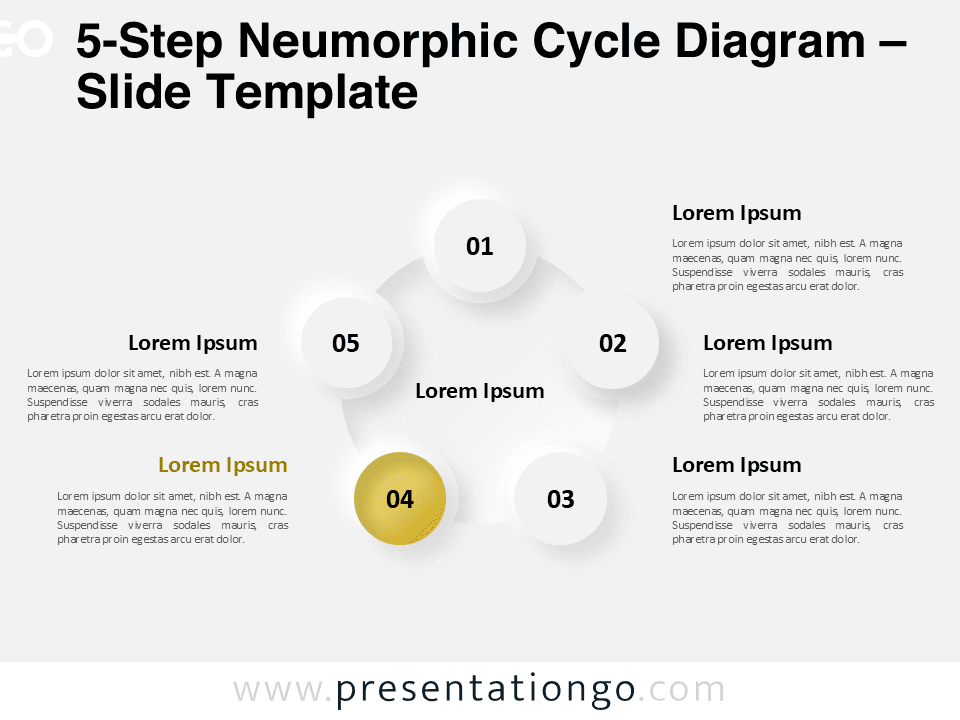 Circular diagram with 5 neumorphic nodes for PowerPoint, showcasing a modern 3D-style process cycle layout with editable steps.