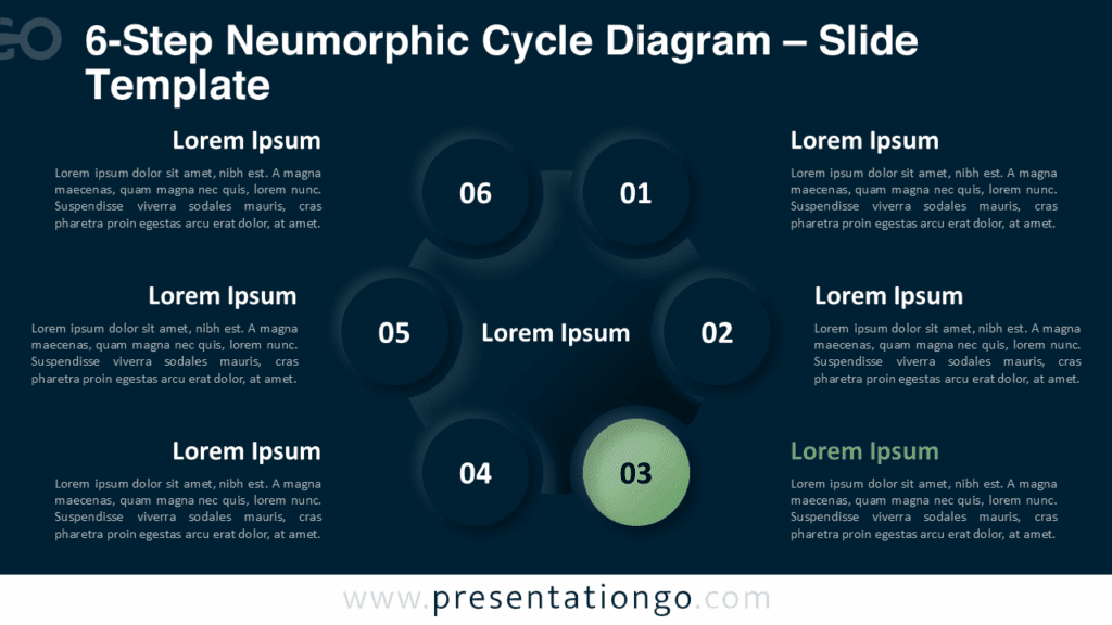 Editable 6-step neumorphic cycle diagram with radial nodes for PowerPoint on a dark background, designed for modern slide designs.