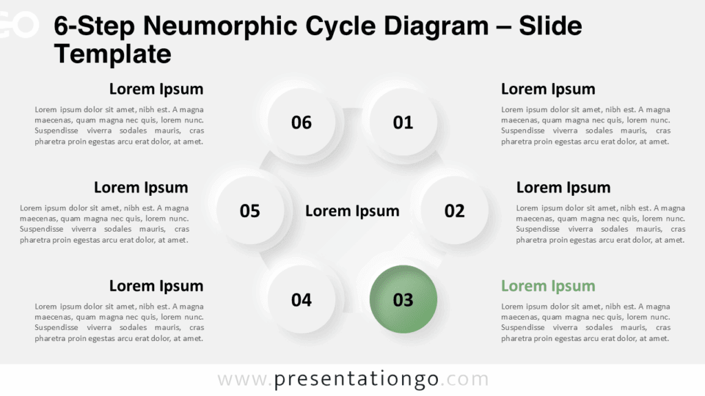 Widescreen PowerPoint and Google Slides diagram with 6 circular neumorphic steps on a light background, ideal for process presentations.