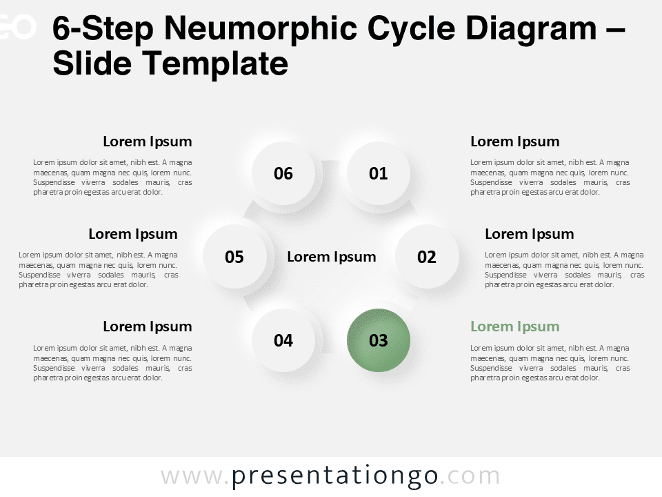 Circular diagram with 6 neumorphic nodes for PowerPoint, showcasing a modern 3D-style process cycle layout with editable steps.