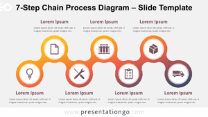 Horizontal 7-step diagram with circular shapes and icons on a light background, fully editable in PowerPoint and Google Slides.