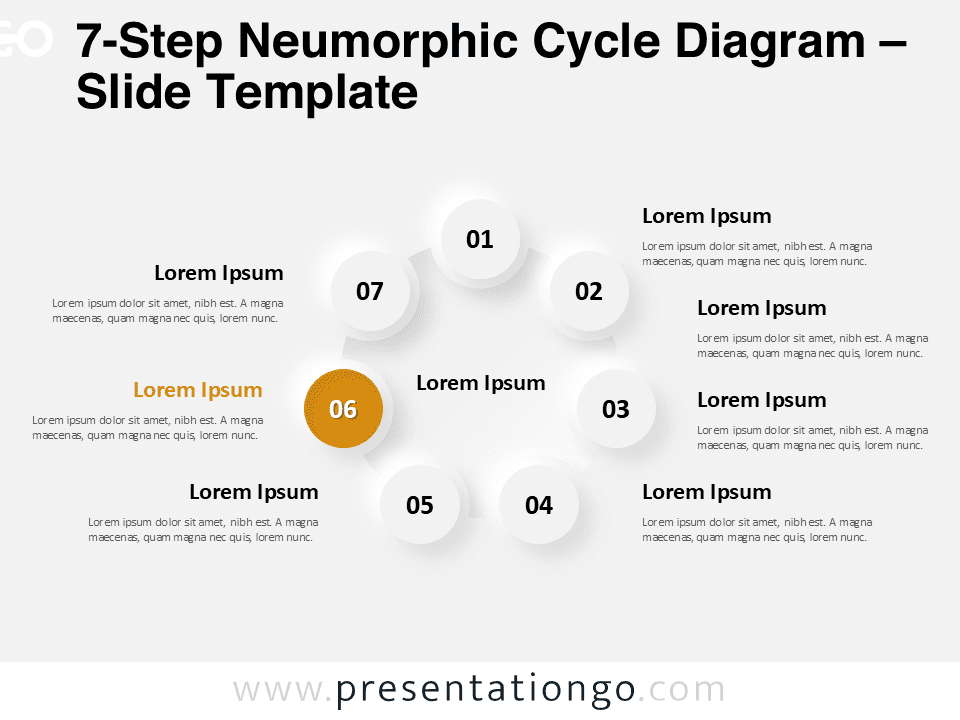 Circular diagram with 7 neumorphic nodes for PowerPoint, showcasing a modern 3D-style process cycle layout with editable steps.