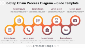 Horizontal 8-step diagram with circular shapes and icons on a light background, fully editable in PowerPoint and Google Slides.