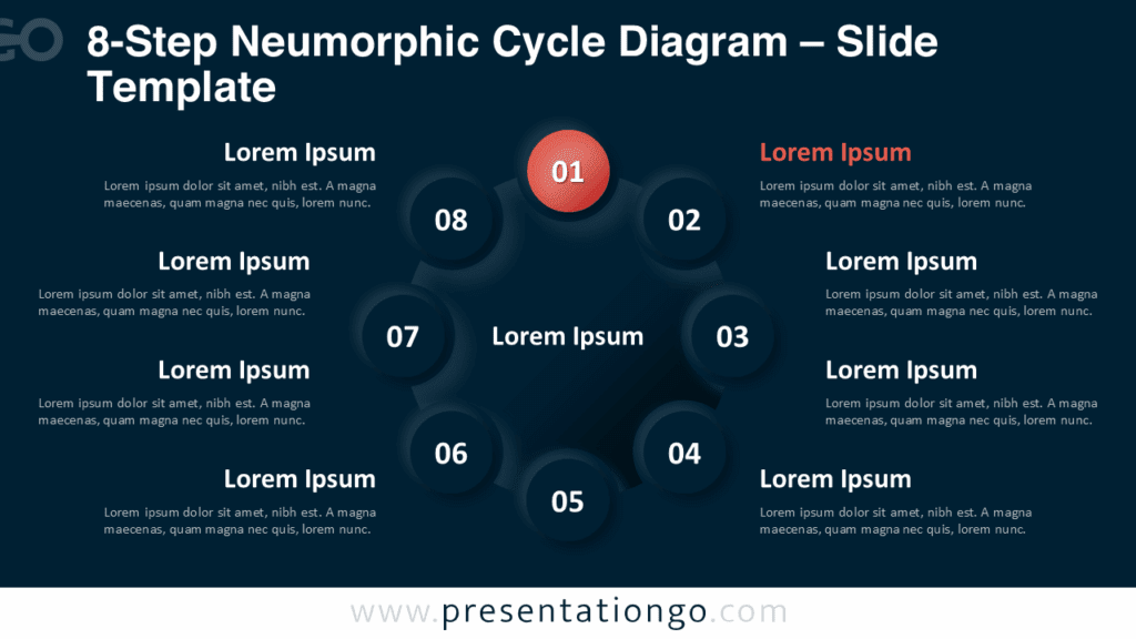 Editable 8-step neumorphic cycle diagram with radial nodes for PowerPoint on a dark background, designed for modern slide designs.