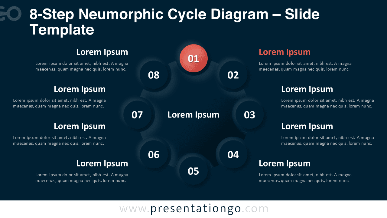 Editable 8-step neumorphic cycle diagram with radial nodes for PowerPoint on a dark background, designed for modern slide designs.