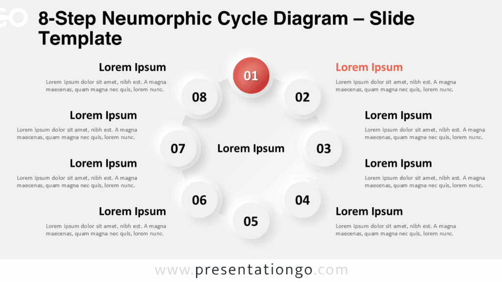 Widescreen PowerPoint and Google Slides diagram with 8 circular neumorphic steps on a light background, ideal for process presentations.