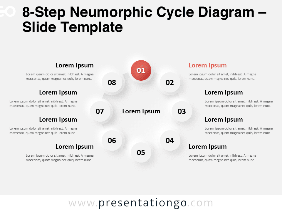 Circular diagram with 8 neumorphic nodes for PowerPoint, showcasing a modern 3D-style process cycle layout with editable steps.