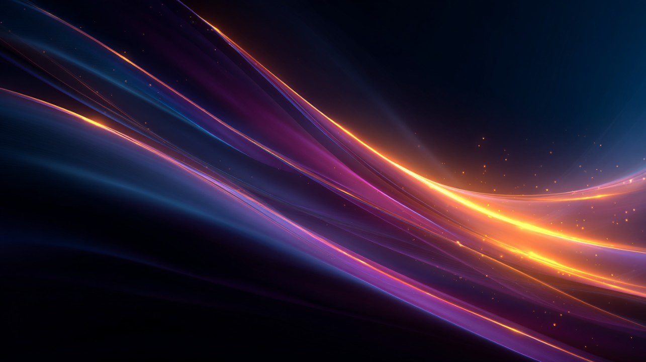 Abstract digital background with glowing purple and orange light rays flowing across a dark space.