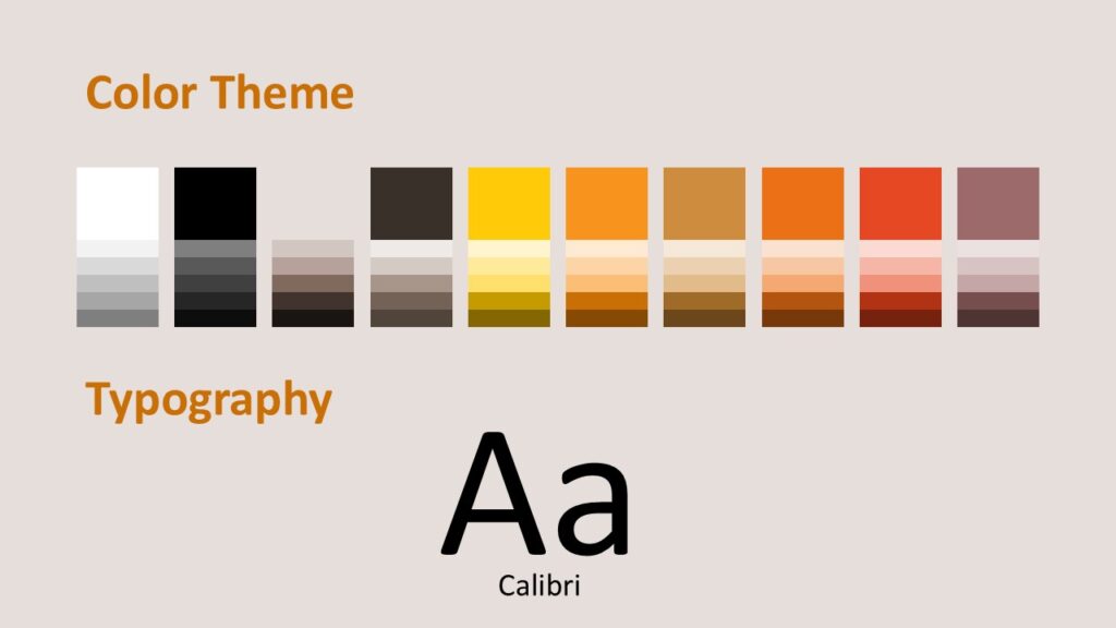 Preview slide showing built-in fonts and the template’s warm orange and cream color scheme designed for PowerPoint and Google Slides.