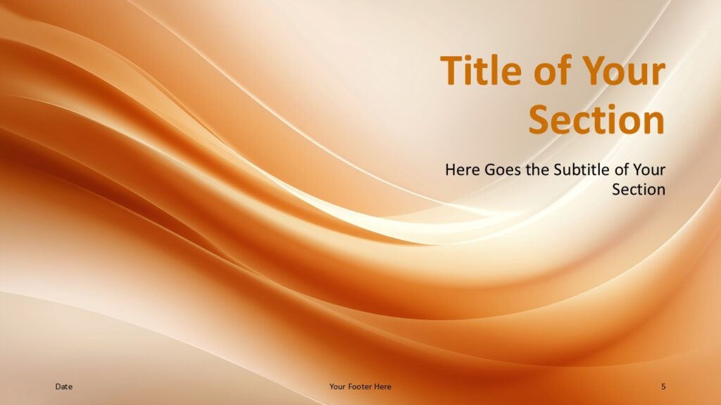 Right-aligned section header slide with a warm, abstract wave design, used to signal topic shifts or new chapters in a presentation.