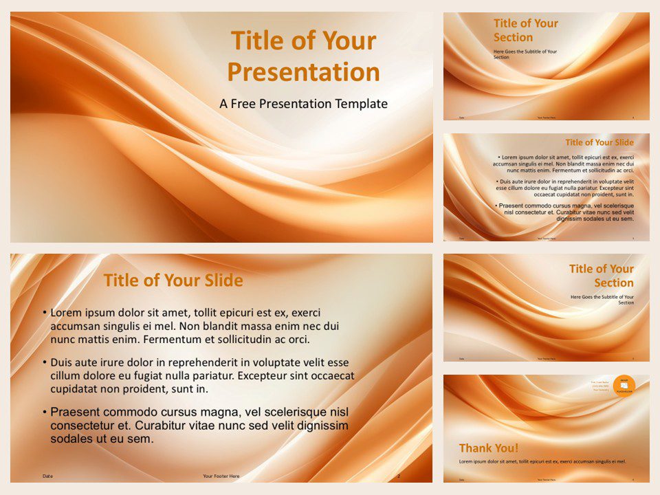 Preview of the Abstract Orange Wave Template for PowerPoint and Google Slides featuring 6 dynamic, flowing slide layouts.