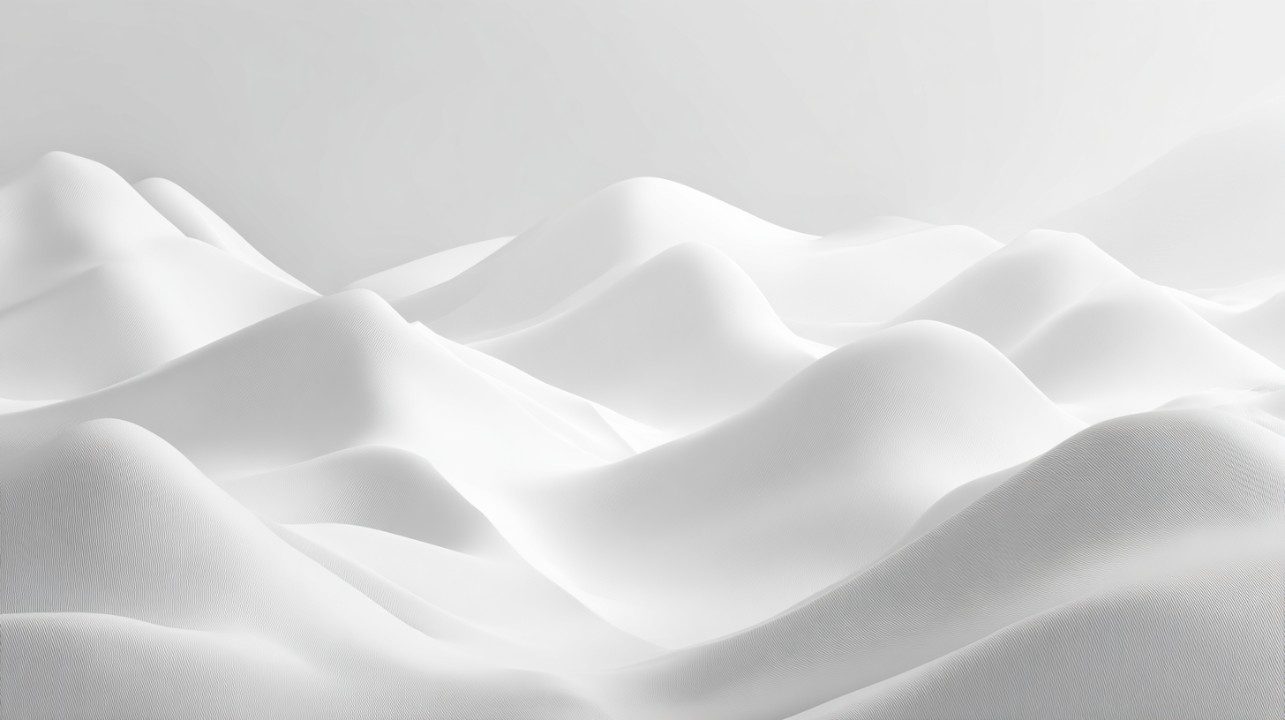 Minimalist abstract white 3D landscape with smooth curved hills and soft shadows for modern design.