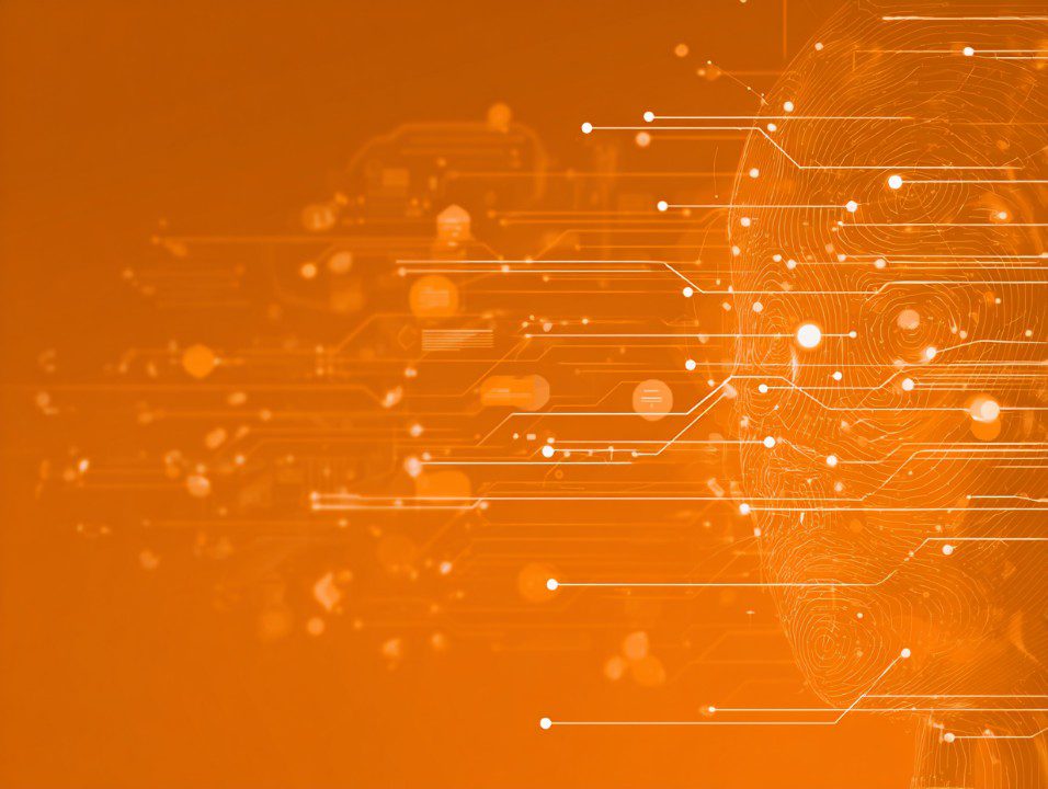 Digital human face with AI data analysis circuitry on bright orange technology background.