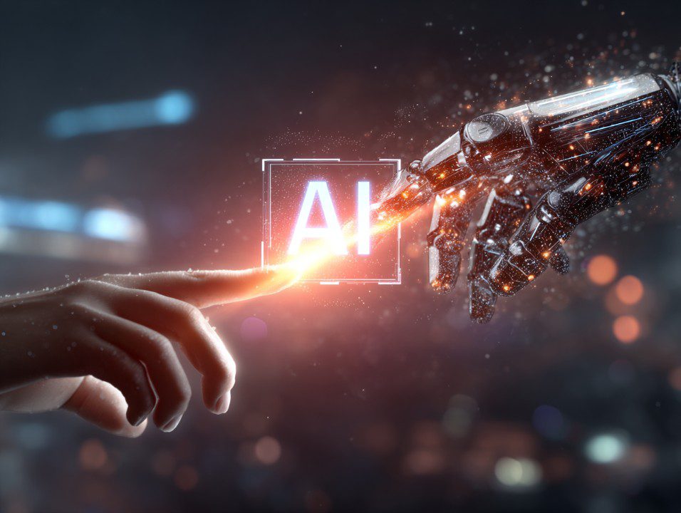 Futuristic digital artwork showing a human hand and a robotic hand reaching towards each other with glowing "AI" text in between.