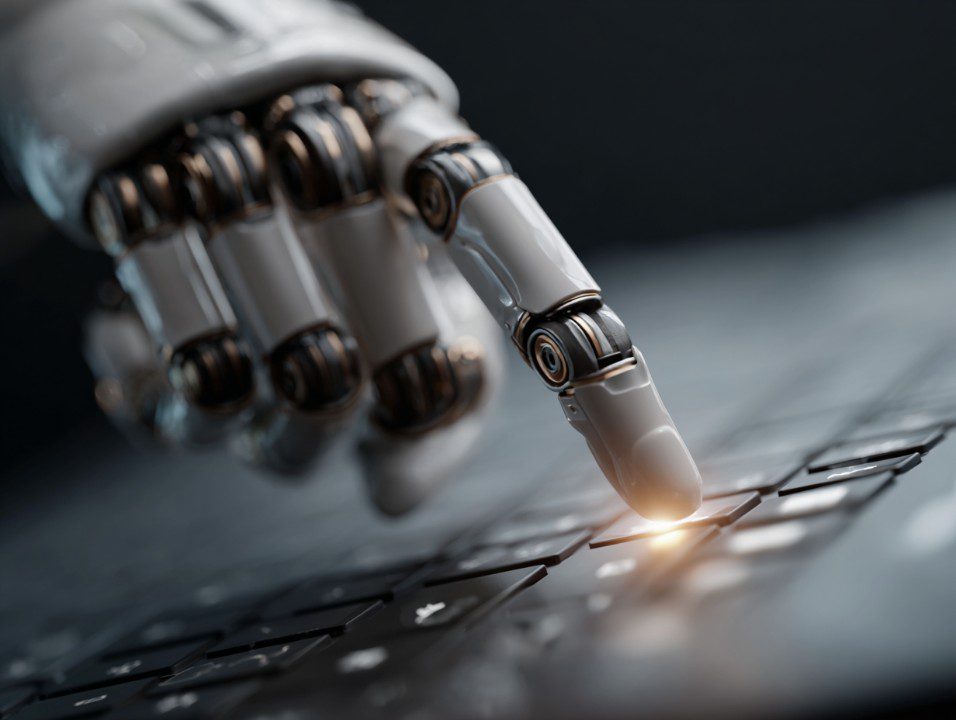 Close-up image of an AI robotic hand pressing a glowing button on a computer keyboard, symbolizing automation technology.