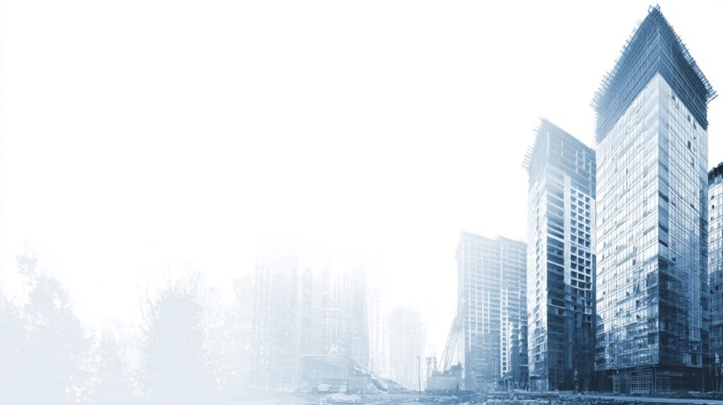 A clean background showing high-rise glass buildings under construction with a soft white gradient, ideal for architecture and business slides.