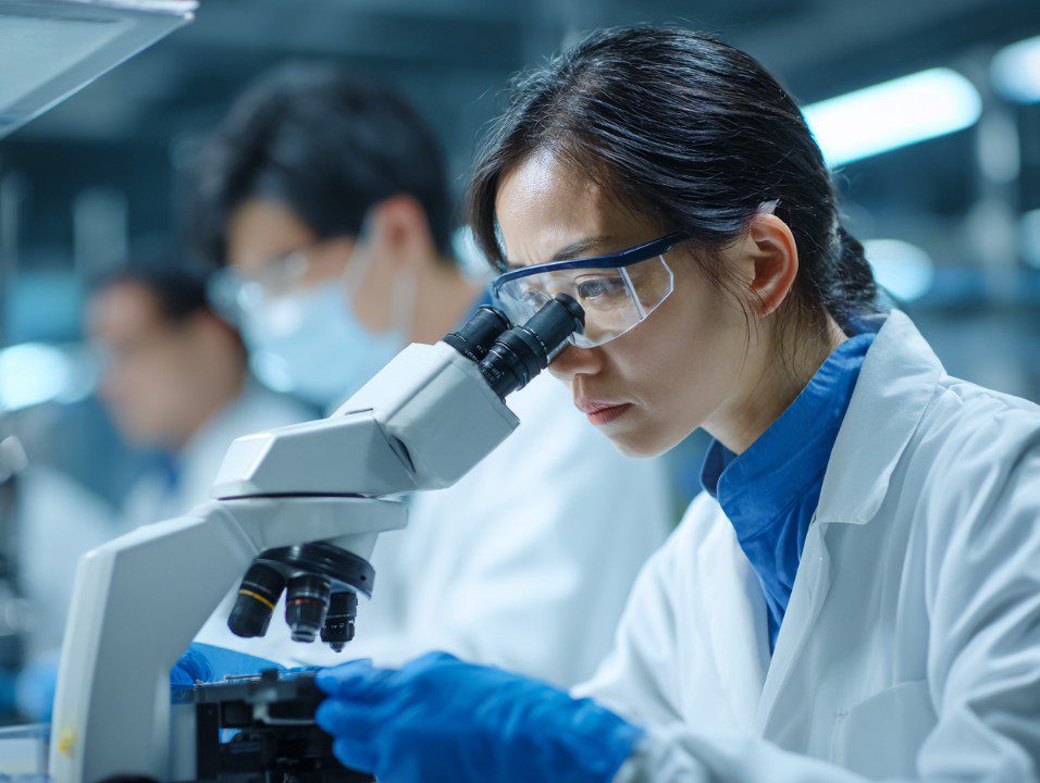 Asian female scientist wearing protective glasses examining samples through a microscope with her team working in the background.