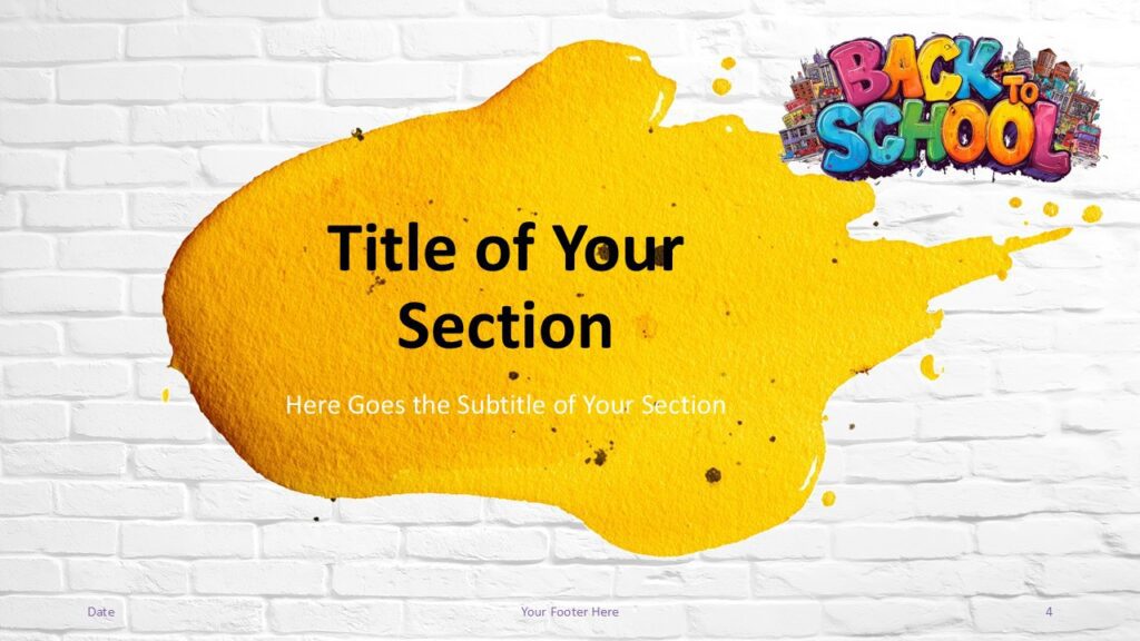Yellow splash section slide for PowerPoint and Google Slides with centered title and subtitle, marking a content transition.