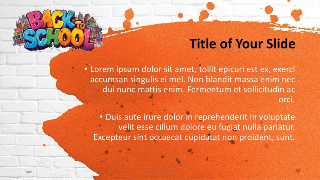Orange splash design with right-aligned title and content area for PowerPoint and Google Slides, offering layout variation.