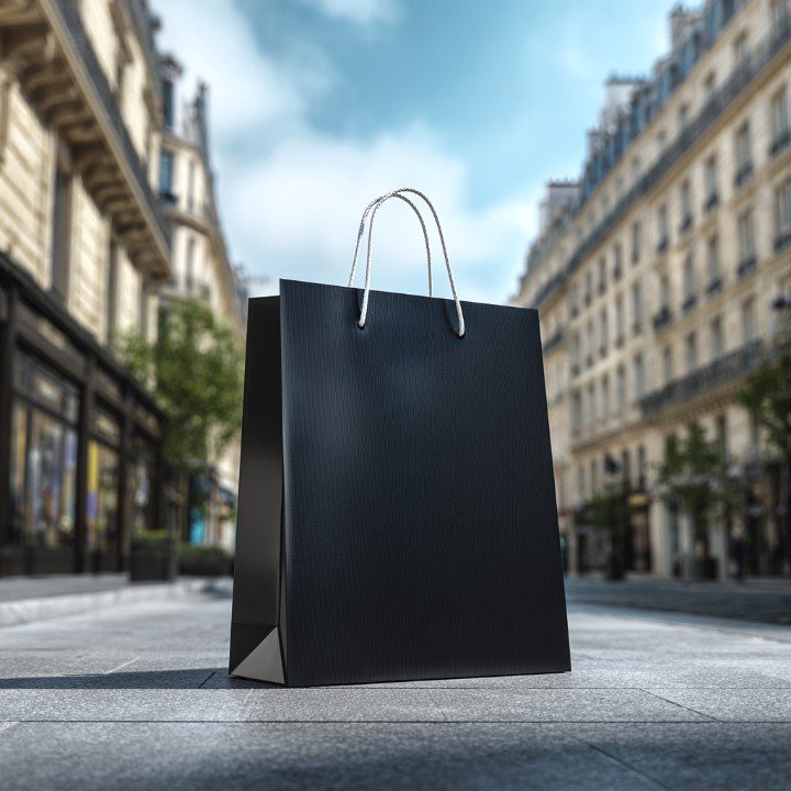 A black boutique shopping bag with white handles sits on a city street, ideal for luxury retail and branding design visuals.