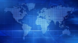 High-resolution blue digital world map background with grid lines, ideal for news and global presentations.