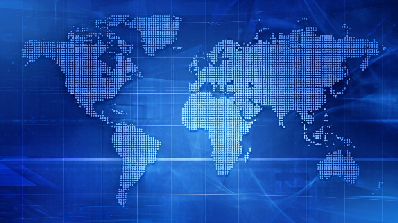 High-resolution blue digital world map background with grid lines, ideal for news and global presentations.