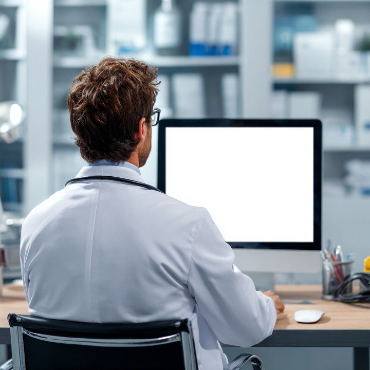 Realistic image of a Brazilian doctor sitting at a desk in a medical office, looking at a blank computer screen, wearing a white coat.