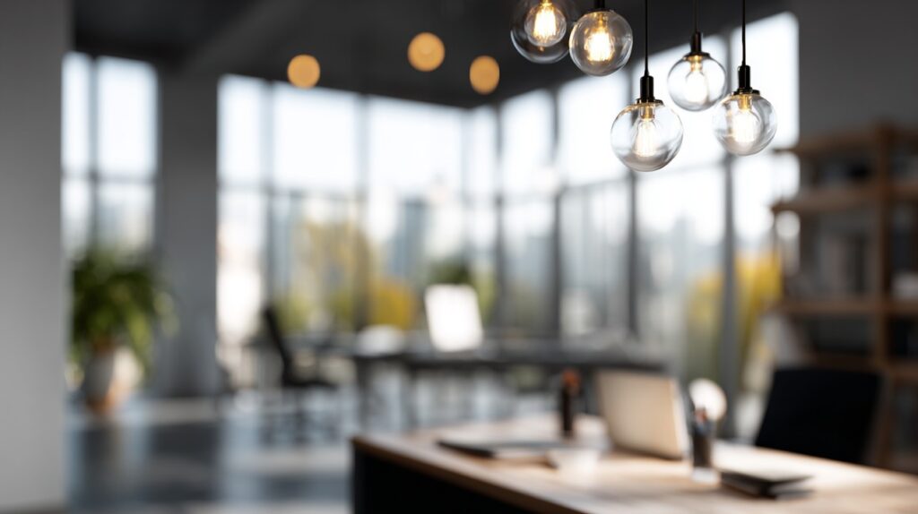 Bright modern office interior with large windows, hanging light bulbs, and a blurred background creating an airy workspace atmosphere.