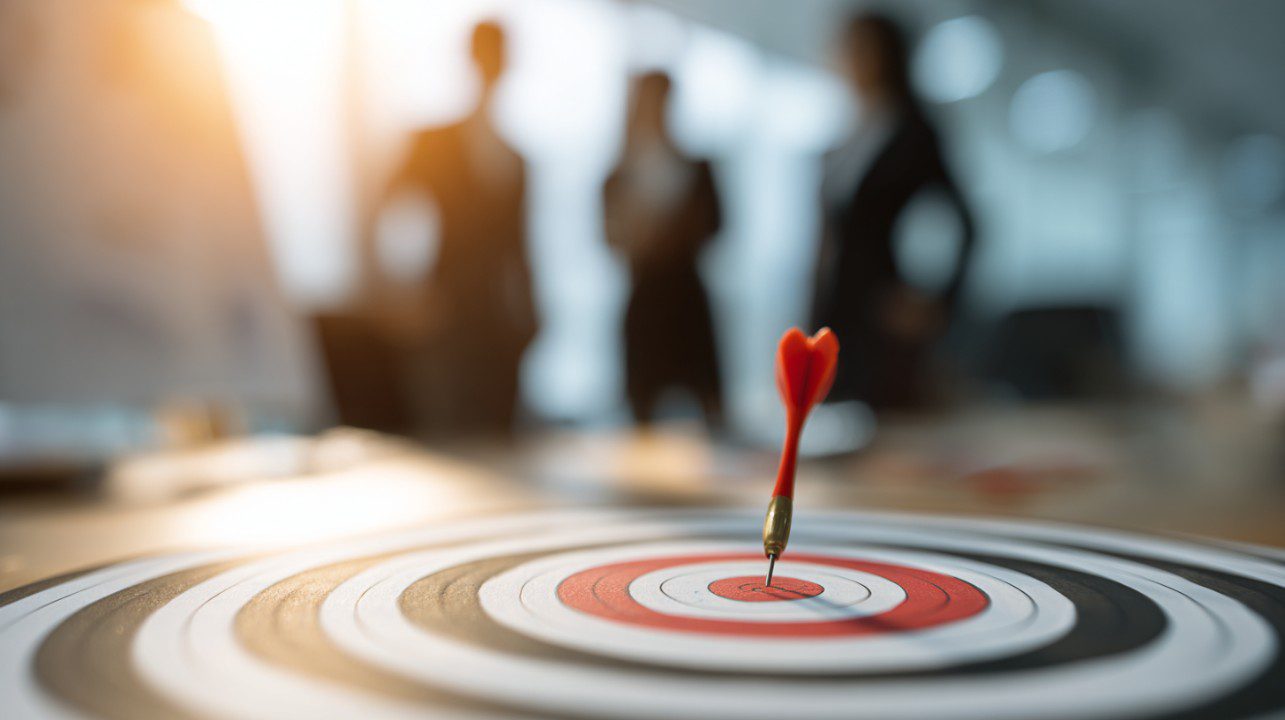 Close-up of dart hitting the bullseye on a target with a blurred team in the background, representing precision and goal achievement.