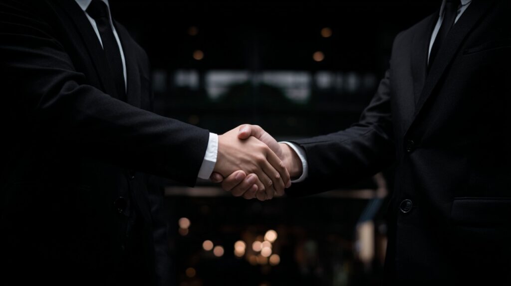 A close-up handshake between two professionals in dark suits, representing trust, business partnership, and corporate agreement.