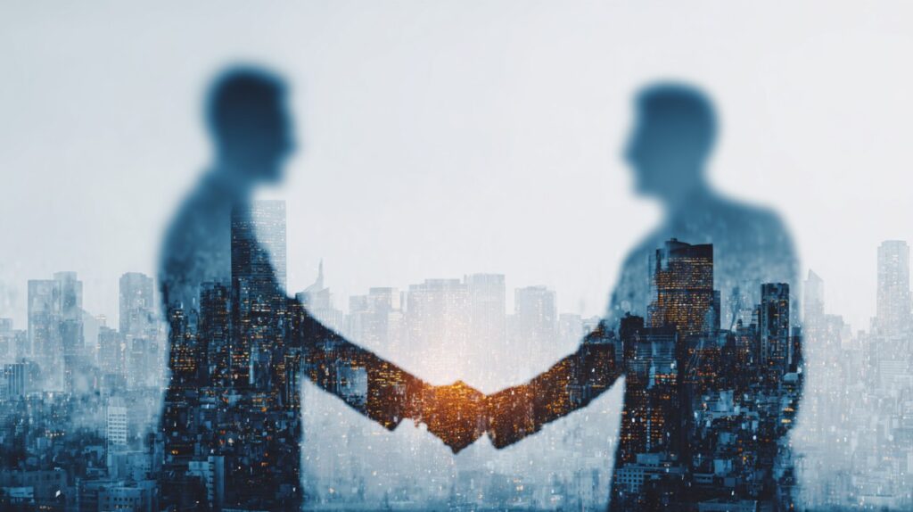 Double exposure of two business people shaking hands with city skyline overlay representing partnership and urban business success.