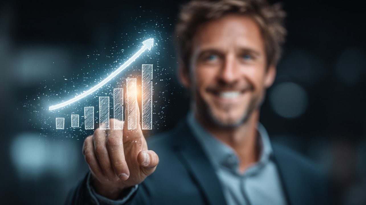 Sharp businessman pointing at glowing digital bar chart illustrating upward growth and success.