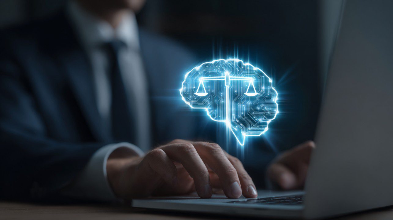 Businessman in suit using laptop with glowing digital brain and justice scale icon representing AI legal technology.