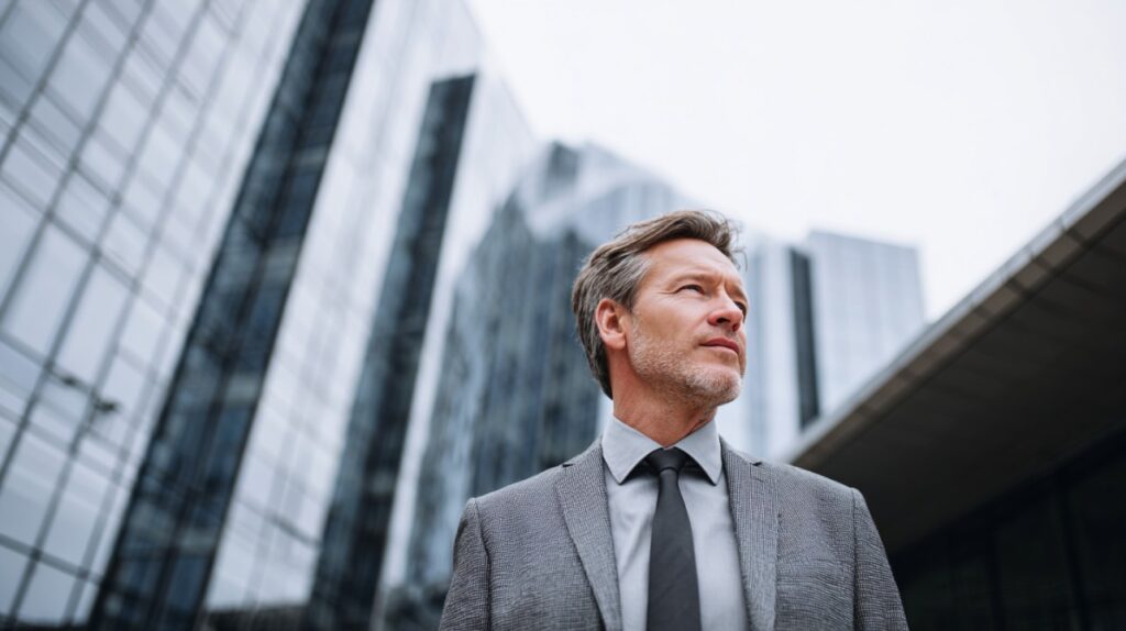 A confident businessman in a gray suit standing in front of tall modern glass office buildings, symbolizing leadership and success.