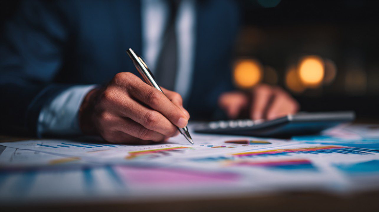 Close-up of a businessperson in formal suit analyzing financial charts with pen and calculator.