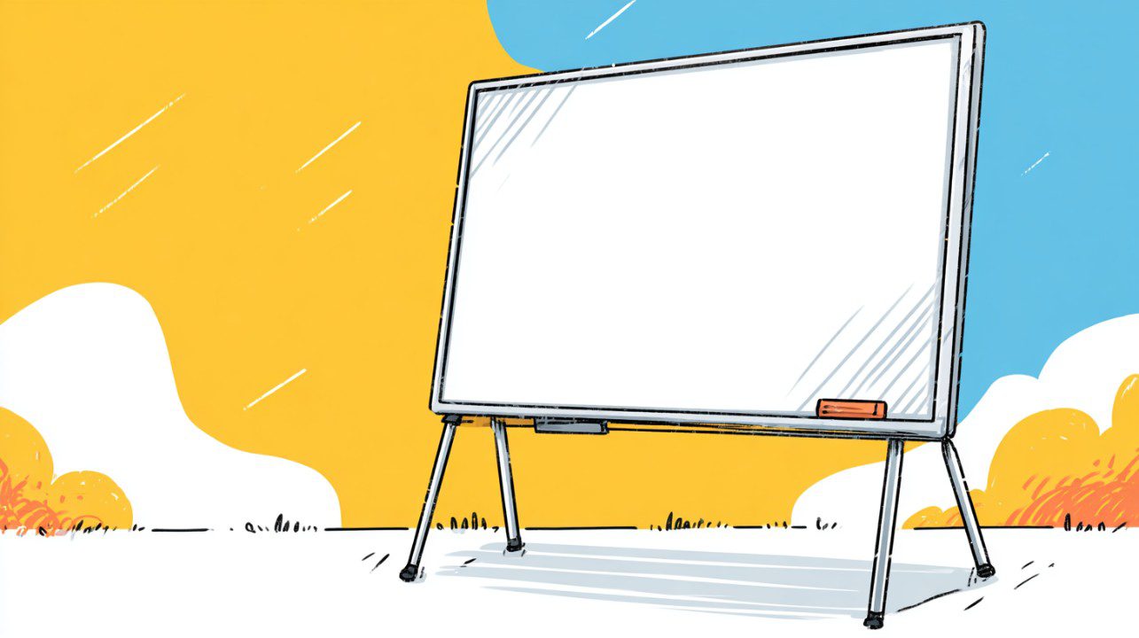 A cartoon-style illustration of a whiteboard standing outdoors with a blue and yellow sky background, perfect for learning visuals.