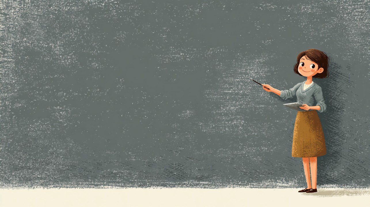 Pixel style 2D cartoon teacher pointing at a chalkboard with a light gray textured background, ideal for educational and teaching materials.