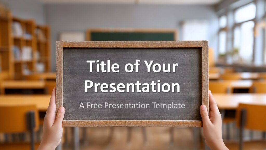 Cover slide featuring a chalkboard sign held in hands with a blurred classroom background and editable title and subtitle placeholders.