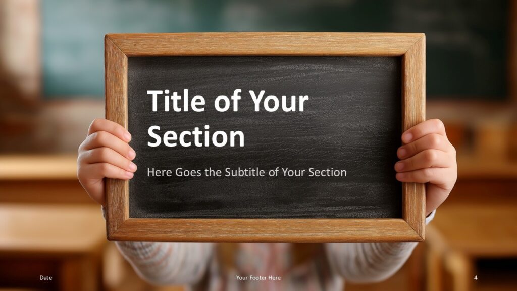 Divider slide with smaller hands holding the board and a warm-toned classroom background, used for transitions in PowerPoint and Google Slides.